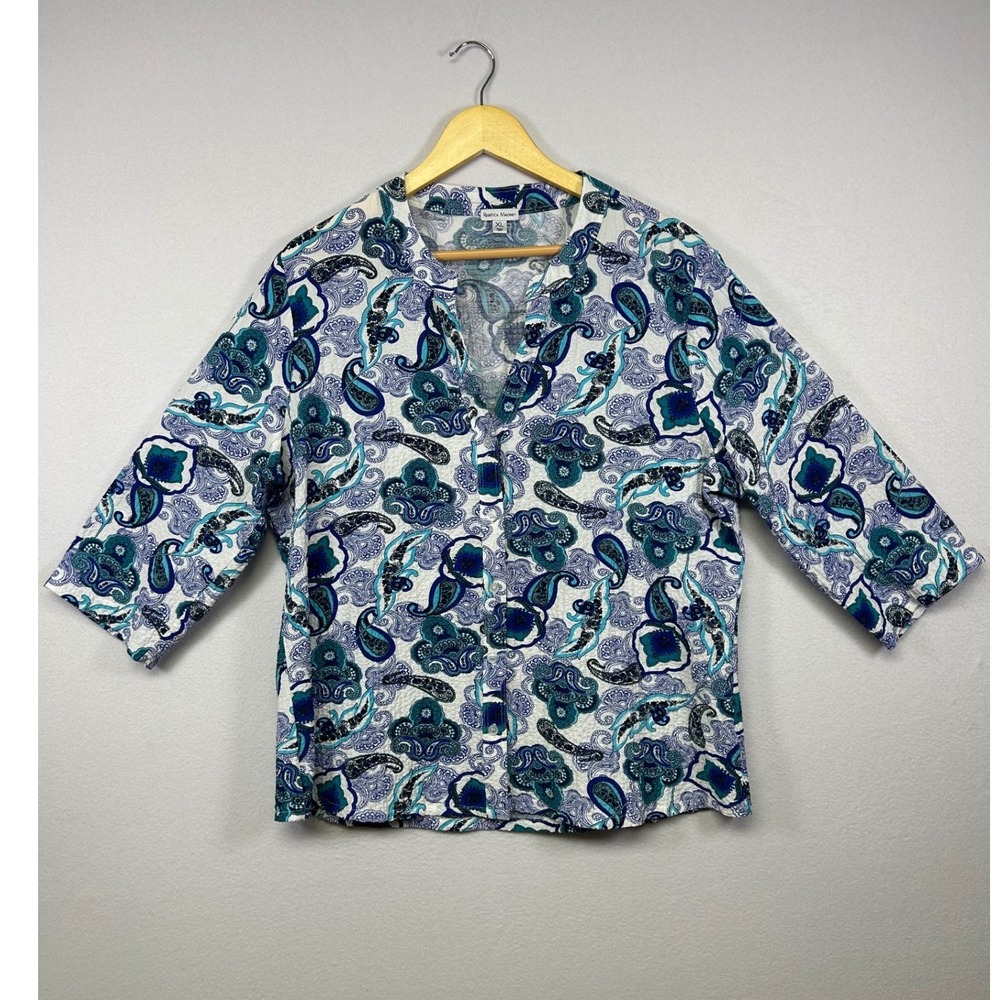 Coastal Boho Rebecca Malone Womens XL Blue Paisley 3/4 Sleeve Button Front Top‎